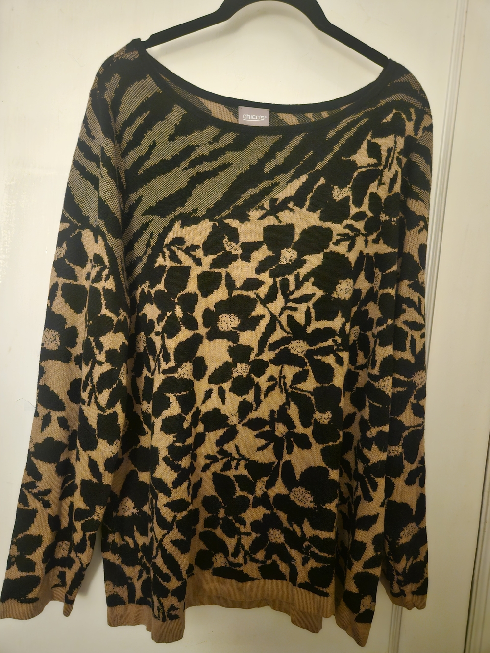 Chico's Black and Tan Floral Animal Print Scoop Neck Sweater